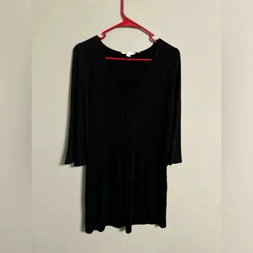 Boden Size 4 Jersey Tunic Dress Black 3/4 Sleeve Scoop Neck Stretch Buttons